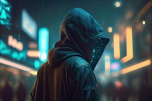 Person in hoodie in city of future, cyberpunk background. Man wearing hood, cyber hacker using ai to hack, neon lights outdoor photo