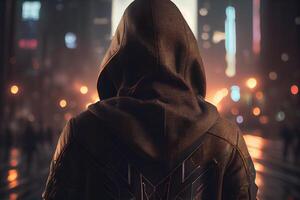 Person in hoodie in city of future, cyberpunk background. Man wearing hood, cyber hacker using ai to hack, neon lights outdoor photo