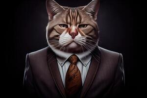 Cat in office uniform business costume on dark background. Serious cat portrait, photo