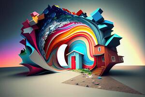 Abstract rainbow colorful house, enter the door to abstraction photo