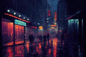 Rainy night background, neon street in city with lights backdrop photo