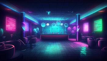 Night club background indoor interior, neon lights glow purple backdrop generative ai photo