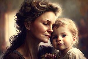 Woman and child together portrait, female smiling. Mothers day illustration, photo