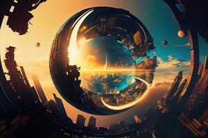 Abstract city view, sphere world metaverse abstraction generative ai photo