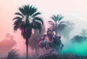 crepúsculo clima. pesado niebla y muchos palma arboles ai generado foto