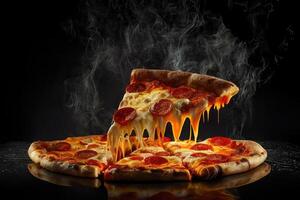 Pizza slice and hot pizza on black background, generative AI photo