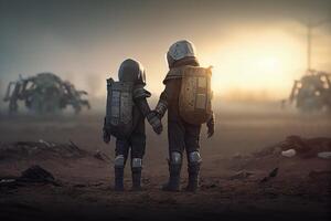 Wasteland background, two person or robots holding hands, photo