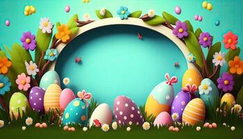 Easter holiday background. Easter eggs illustration backdrop with copy space. photo