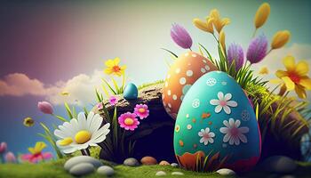 Easter holiday background. Easter eggs illustration backdrop with copy space. photo