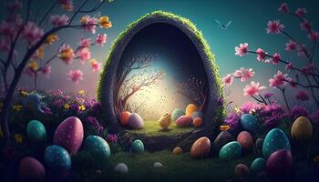 Easter holiday background. Easter eggs illustration backdrop with copy space. photo