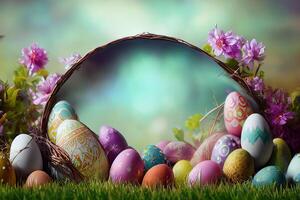 Easter holiday background. Easter eggs illustration backdrop with copy space. photo