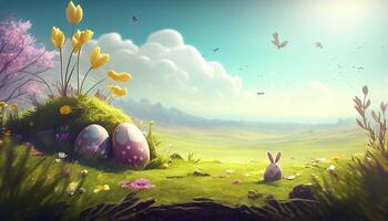 Easter holiday background. Easter eggs illustration backdrop with copy space. photo