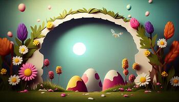 Easter holiday background. Easter eggs illustration backdrop with copy space. photo