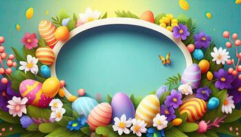 Easter holiday background. Easter eggs illustration backdrop with copy space. photo