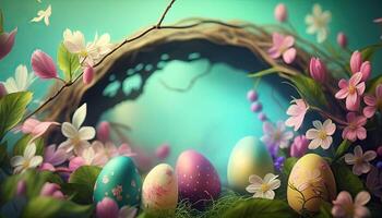 Easter holiday background. Easter eggs illustration backdrop with copy space. photo