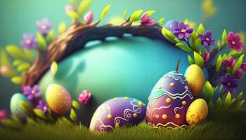 Easter holiday background. Easter eggs illustration backdrop with copy space. photo