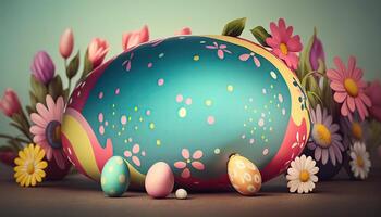 Easter holiday background. Easter eggs illustration backdrop with copy space. photo