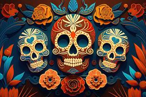 Dia De Los Muertos Background Day of the Dead Art Decoration, Bones Skull Flower Ornament Holiday Wallpaper, photo