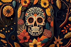Dia De Los Muertos Background Day of the Dead Art Decoration, Bones Skull Flower Ornament Holiday Wallpaper, generative ai photo