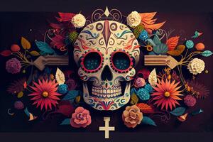 Dia De Los Muertos Background Day of the Dead Art Decoration, Bones Skull Flower Ornament Holiday Wallpaper, photo