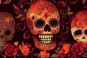 Dia De Los Muertos Background Day of the Dead Art Decoration, Bones Skull Flower Ornament Holiday Wallpaper, photo