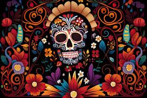 Dia De Los Muertos Background Day of the Dead Art Decoration, Bones Skull Flower Ornament Holiday Wallpaper, photo