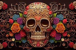 dia Delaware los muertos antecedentes día de el muerto Arte decoración, huesos cráneo flor ornamento fiesta fondo de pantalla, generativo ai foto