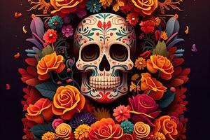 Dia De Los Muertos Background Day of the Dead Art Decoration, Bones Skull Flower Ornament Holiday Wallpaper, photo