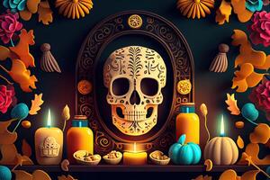 Dia De Los Muertos Background Day of the Dead Art Decoration, Bones Skull Flower Ornament Holiday Wallpaper, photo