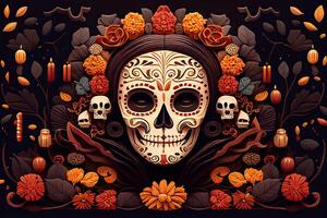 dia Delaware los muertos antecedentes día de el muerto Arte decoración, huesos cráneo flor ornamento fiesta fondo de pantalla, generativo ai foto