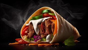 sabroso doner brocheta shawarma rodar envolver ilustración. generativo ai comida foto