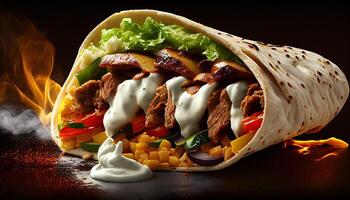 sabroso doner brocheta shawarma rodar envolver ilustración. generativo ai comida foto