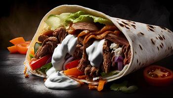 sabroso doner brocheta shawarma rodar envolver ilustración. generativo ai comida foto