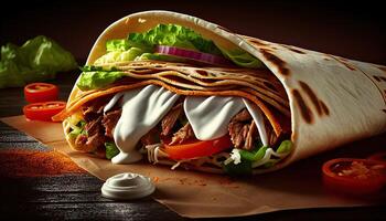 Tasty Doner Kebab Shawarma Roll Wrap Illustration. Food photo