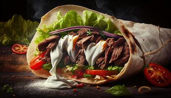 sabroso doner brocheta shawarma rodar envolver ilustración. generativo ai comida foto