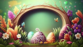 Easter holiday background. Easter eggs illustration backdrop with copy space. photo