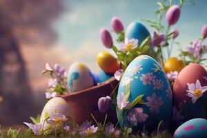 Easter holiday background. Easter eggs illustration backdrop with copy space. Generative AI photo