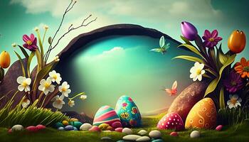 Easter holiday background. Easter eggs illustration backdrop with copy space. photo