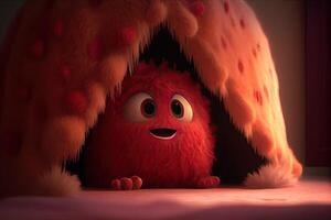 Cute fluffy red monster toy creature ball looking, hiding character design photo