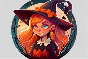 Female girl witch portrait sticker design, red hair and hat cute character photo