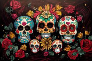 dia Delaware los muertos antecedentes día de el muerto Arte decoración, huesos cráneo flor ornamento fiesta fondo de pantalla, generativo ai foto