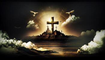 Religion landscape background, christian cross on nature backdrop, photo