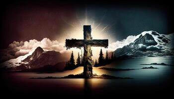 Religion landscape background, christian cross on nature backdrop, photo