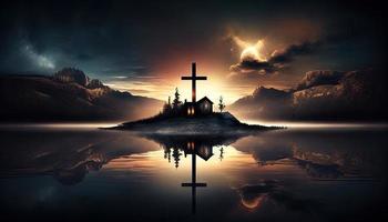 Religion landscape background, christian cross on nature backdrop, generative ai photo