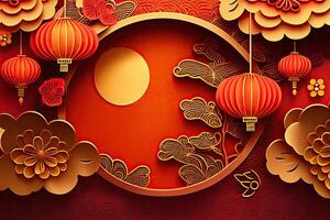 Chinese New Year Background with Copy Space, Mockup Red Backdrop. China Holiday photo