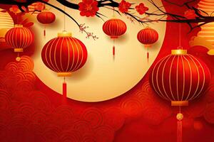 Chinese New Year Background with Copy Space, Mockup Red Backdrop. China Holiday photo