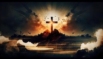 Religion landscape background, christian cross on nature backdrop, photo