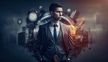 Business background concept design, management in finance, work office and success illustration, generative ai photo