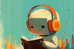 Machine learning art concept, little robot with book photo