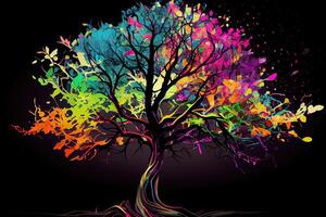árbol con arco iris color hojas en sucursales, Arte y creatividad de naturaleza concepto, generativo ai foto